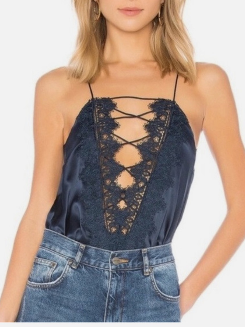 Cami NYC Velvet Lace Halter Tank Top Women’s Medium Silk Blend Blue Racerback B1